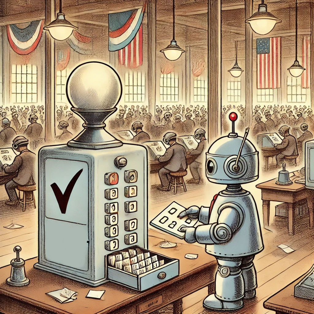 A robot inspects a ballot-counting machine