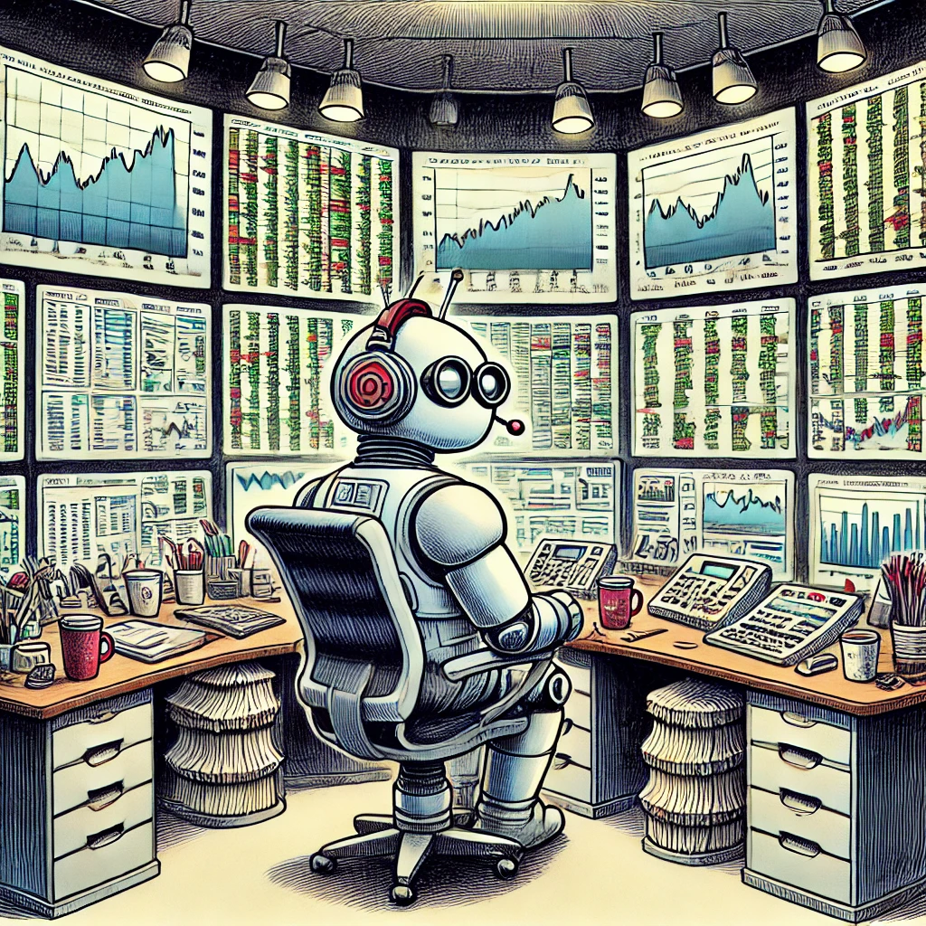 A robot analyzes an array of screens with financial information