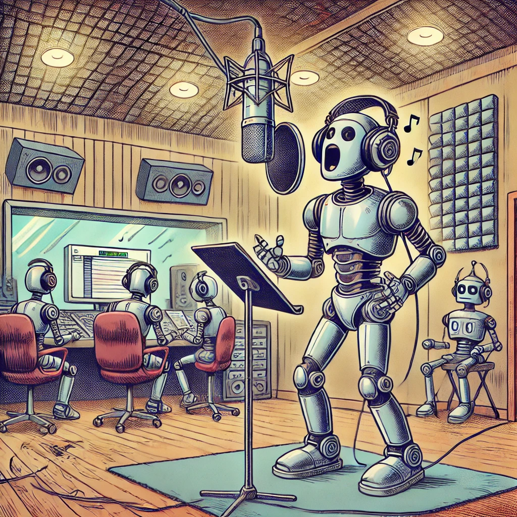 A robot pop singer records a new hit in the studio